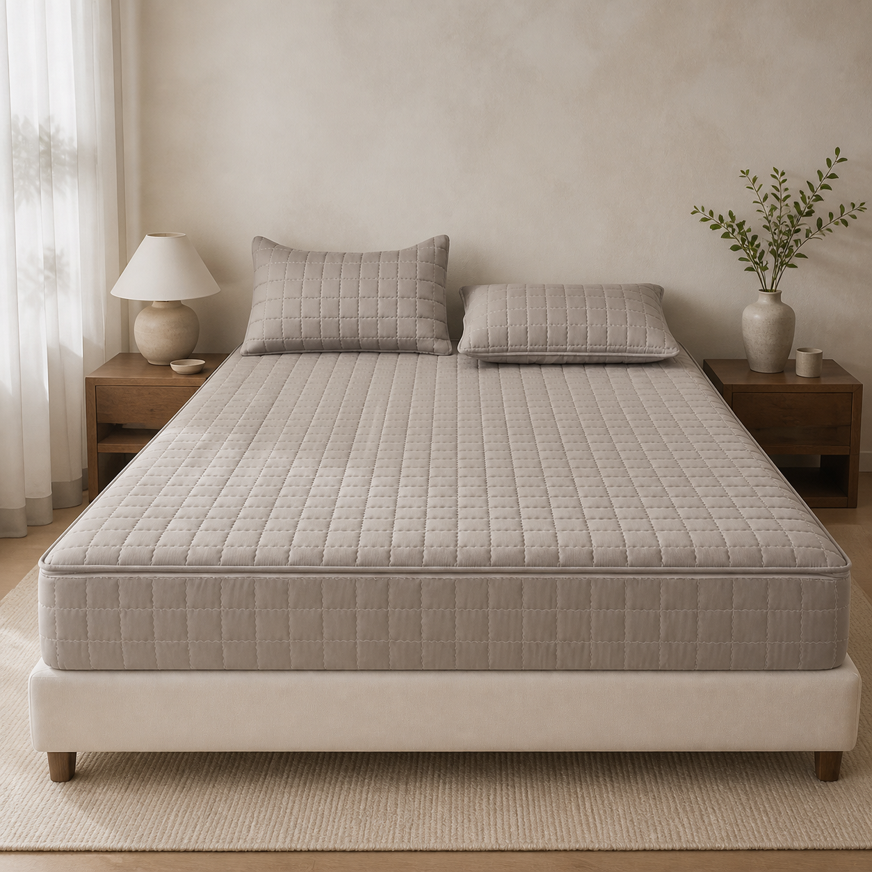 Somnella EasyZip warm grey detachable quilted mattress cover in a minimalist bedroom
