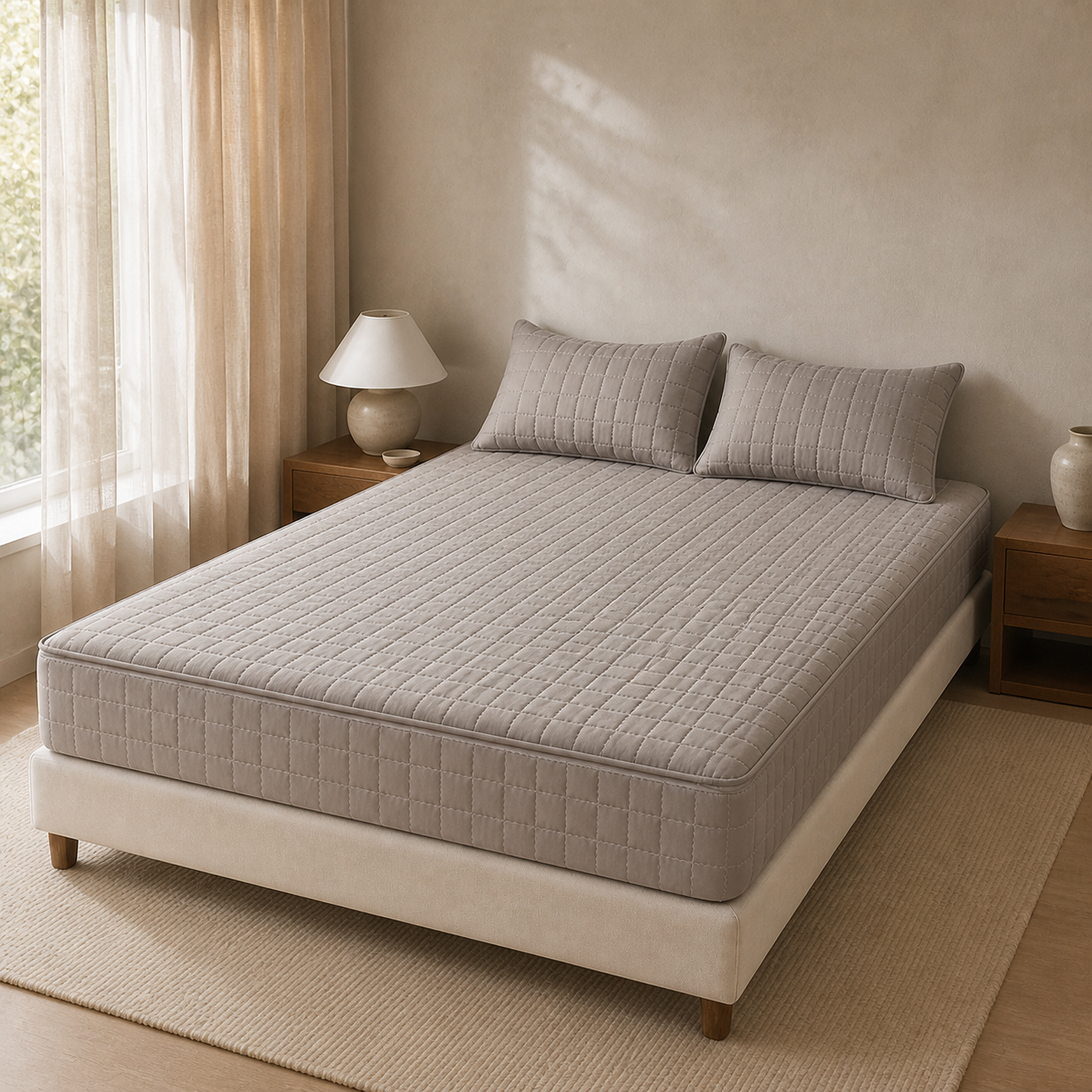 Somnella EasyZip fitted quilted mattress cover in warm afternoon light