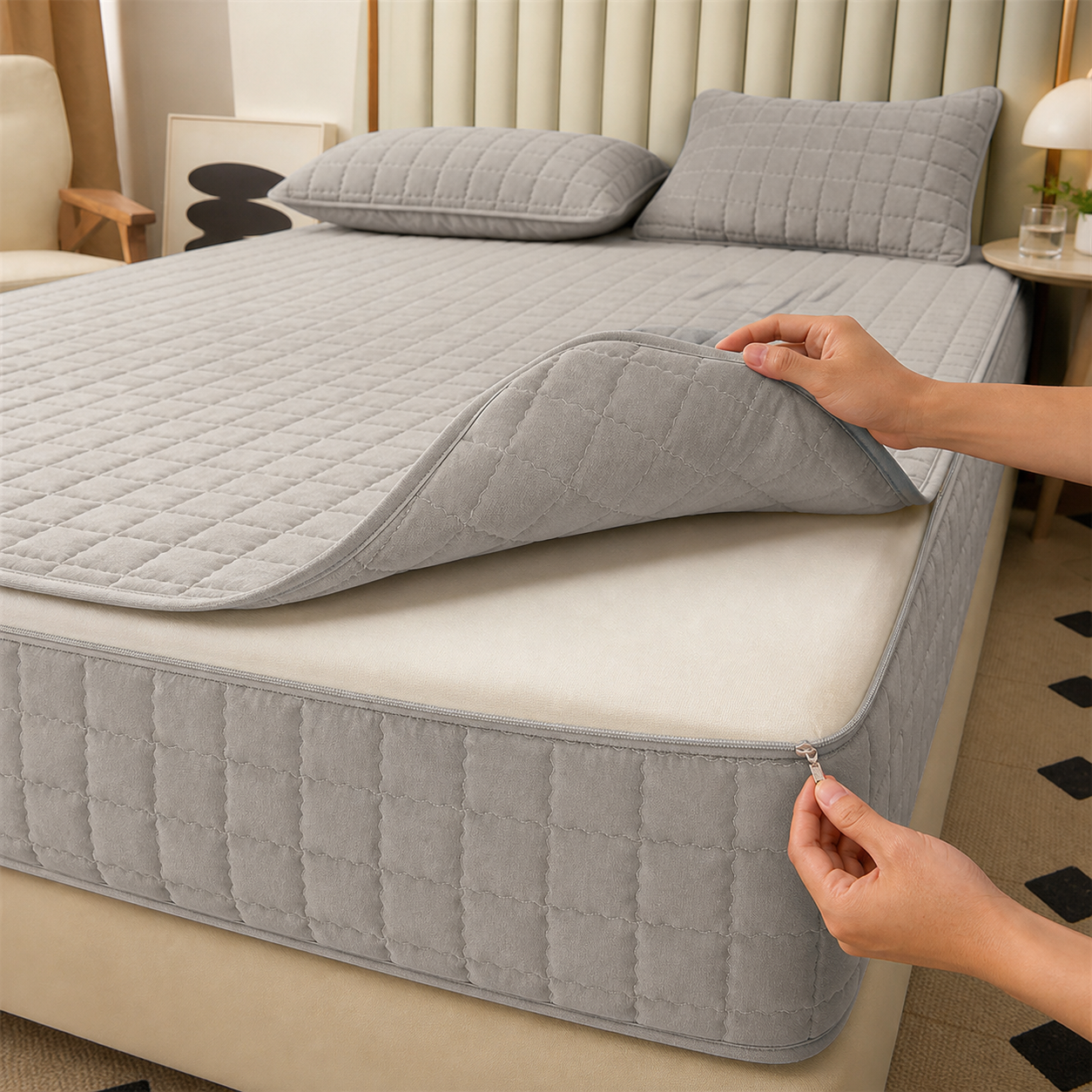 EasyZip removable quilted top panel being unzipped from the fitted mattress cover