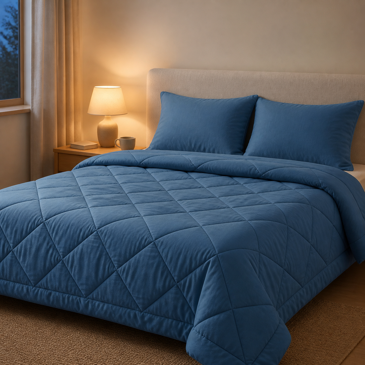 Somnella CloudNest blue bedding in a calm evening bedroom