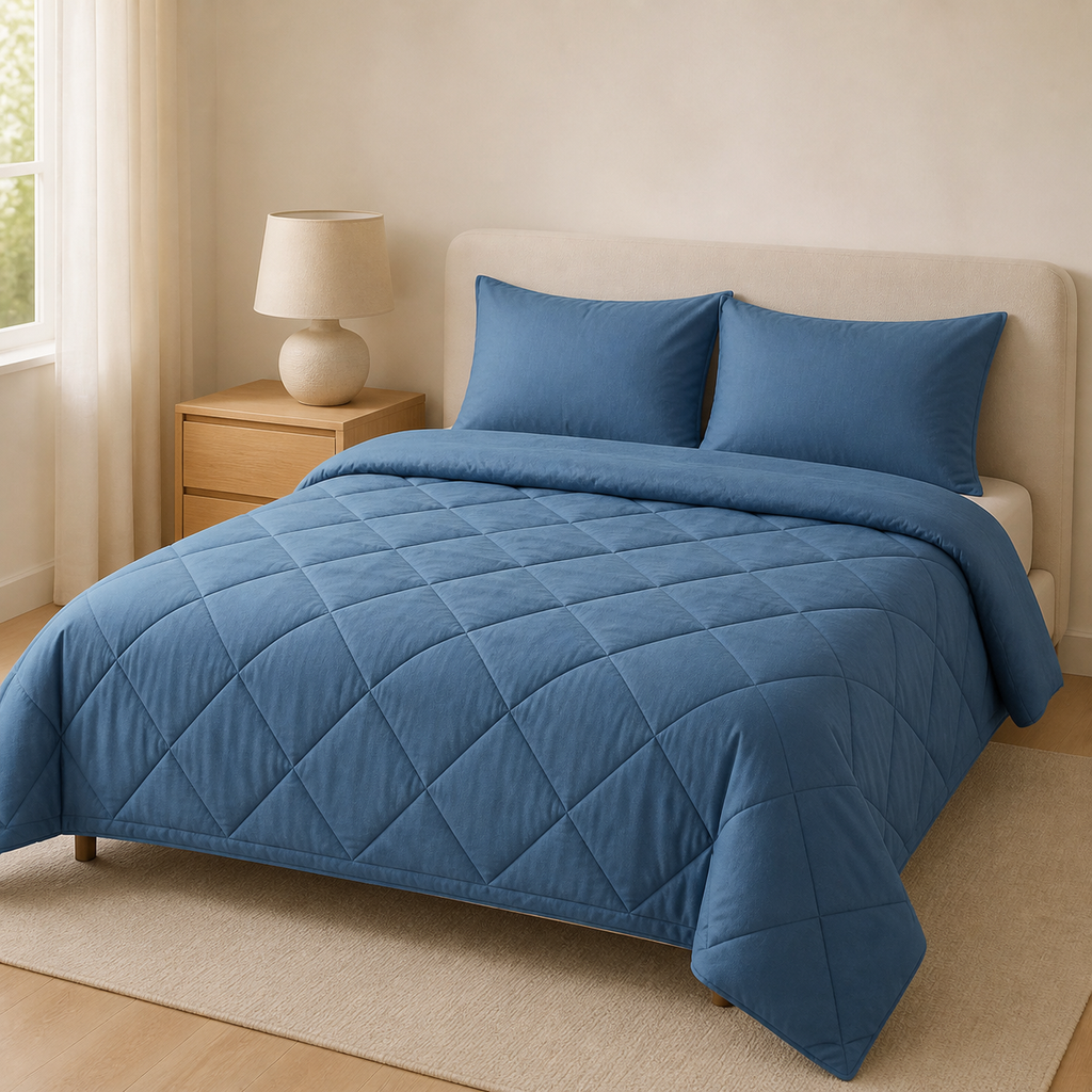 Freshly made bed with Somnella CloudNest blue bedding