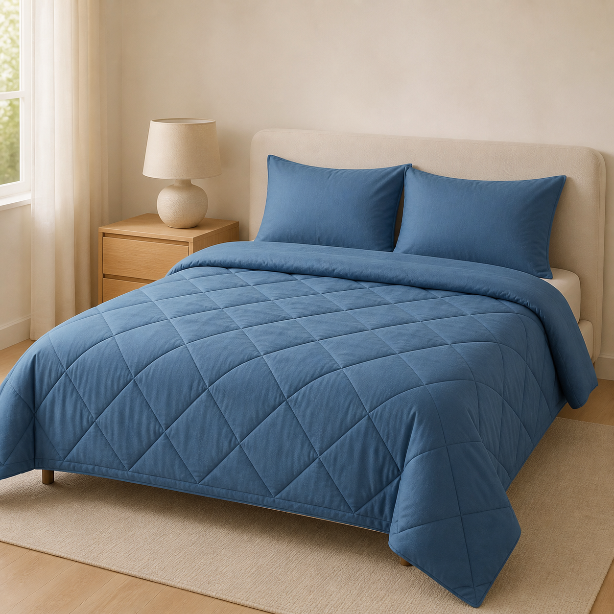 Freshly made bed with Somnella CloudNest blue bedding