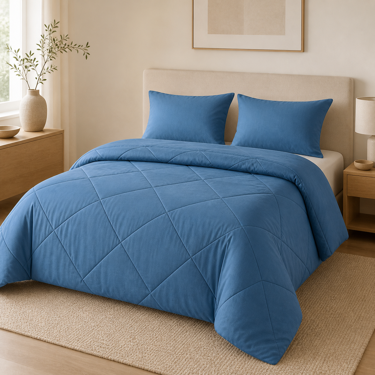 Somnella CloudNest blue three-piece comforter set in a warm minimalist bedroom