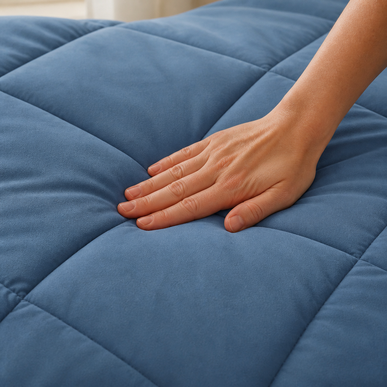Hand pressing the soft blue diamond-quilted Somnella comforter